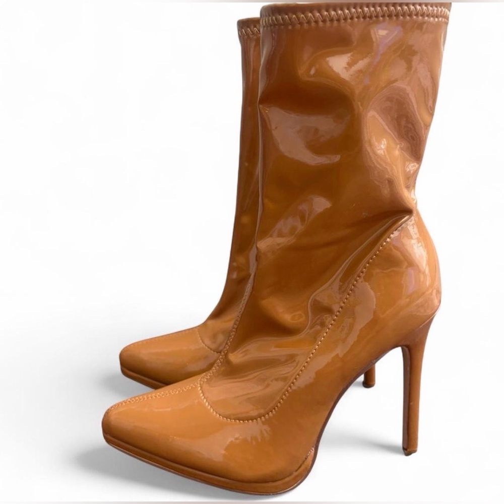 Shoe Dazzle Tan Patent Leather Ankle Boots Pointed Toe Stiletto Heel Size 6